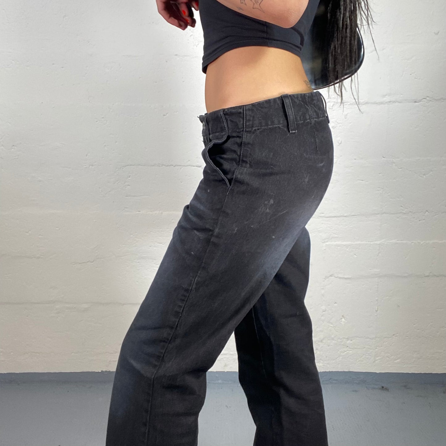 Vintage 90's Archive Black Washed Out Low Waisted Clean Back Flared Jeans (36)