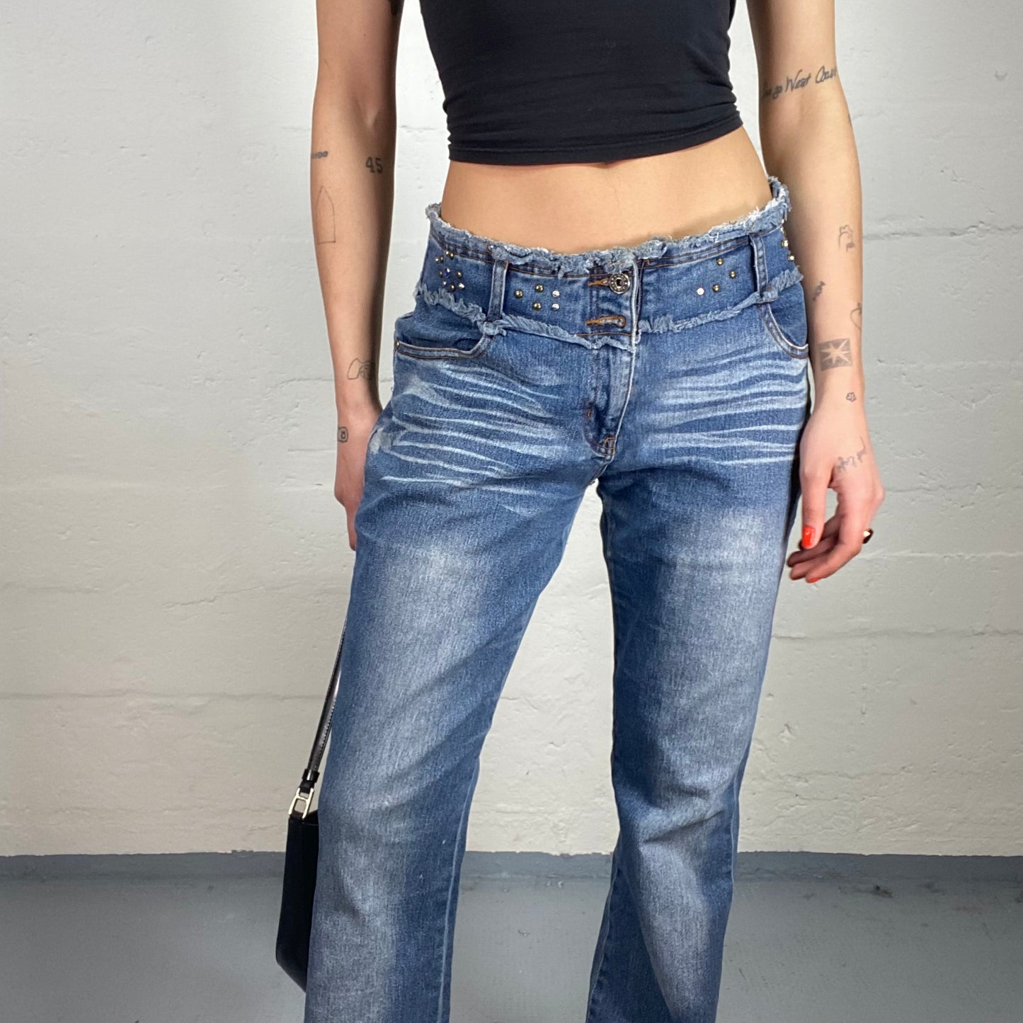 Vintage 90's Cowgirl Style Washed Out Flare Jeans with Rhinestones and Open Cut (S)