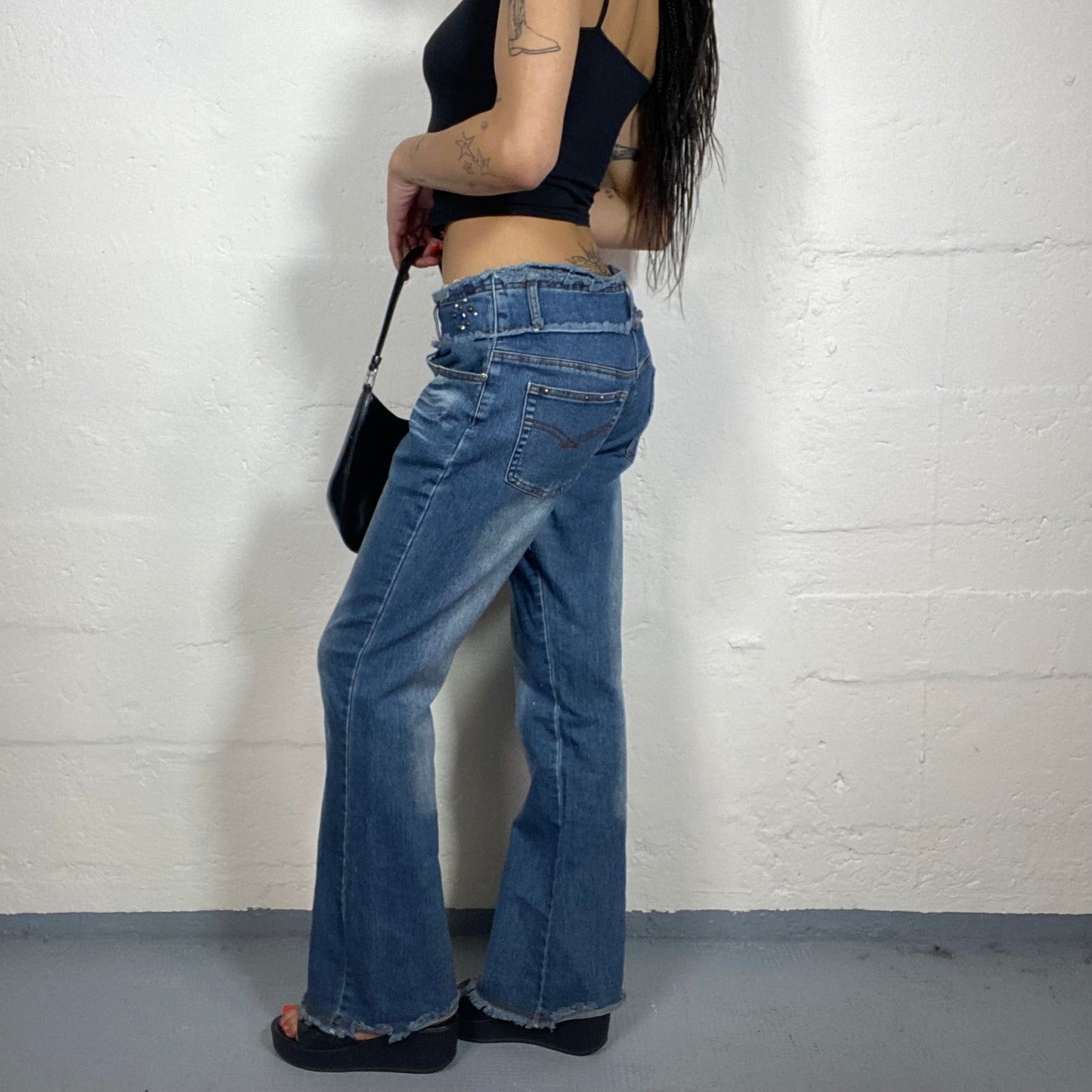 Vintage 90's Cowgirl Style Washed Out Flare Jeans with Rhinestones and Open Cut (S)