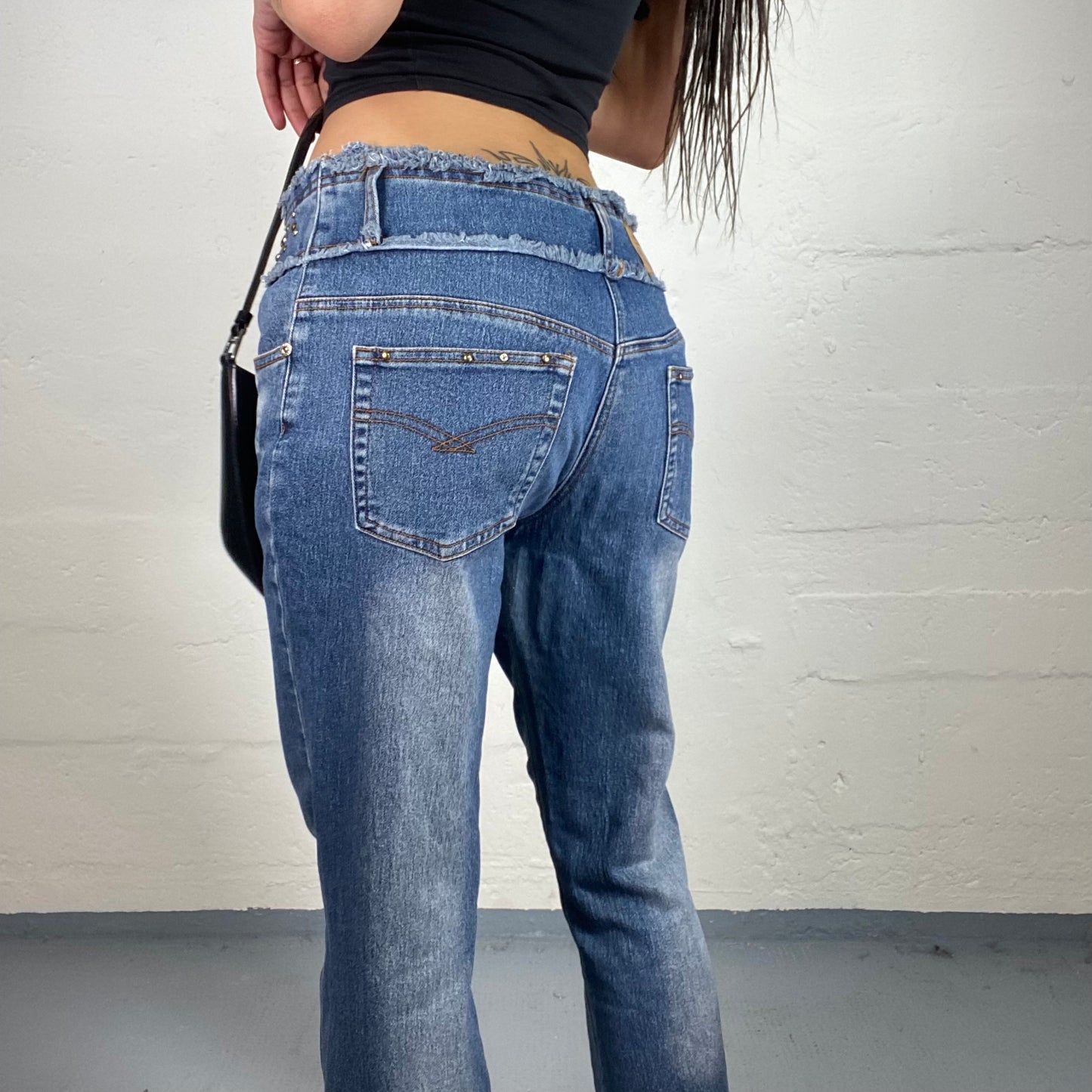 Vintage 90's Cowgirl Style Washed Out Flare Jeans with Rhinestones and Open Cut (S)