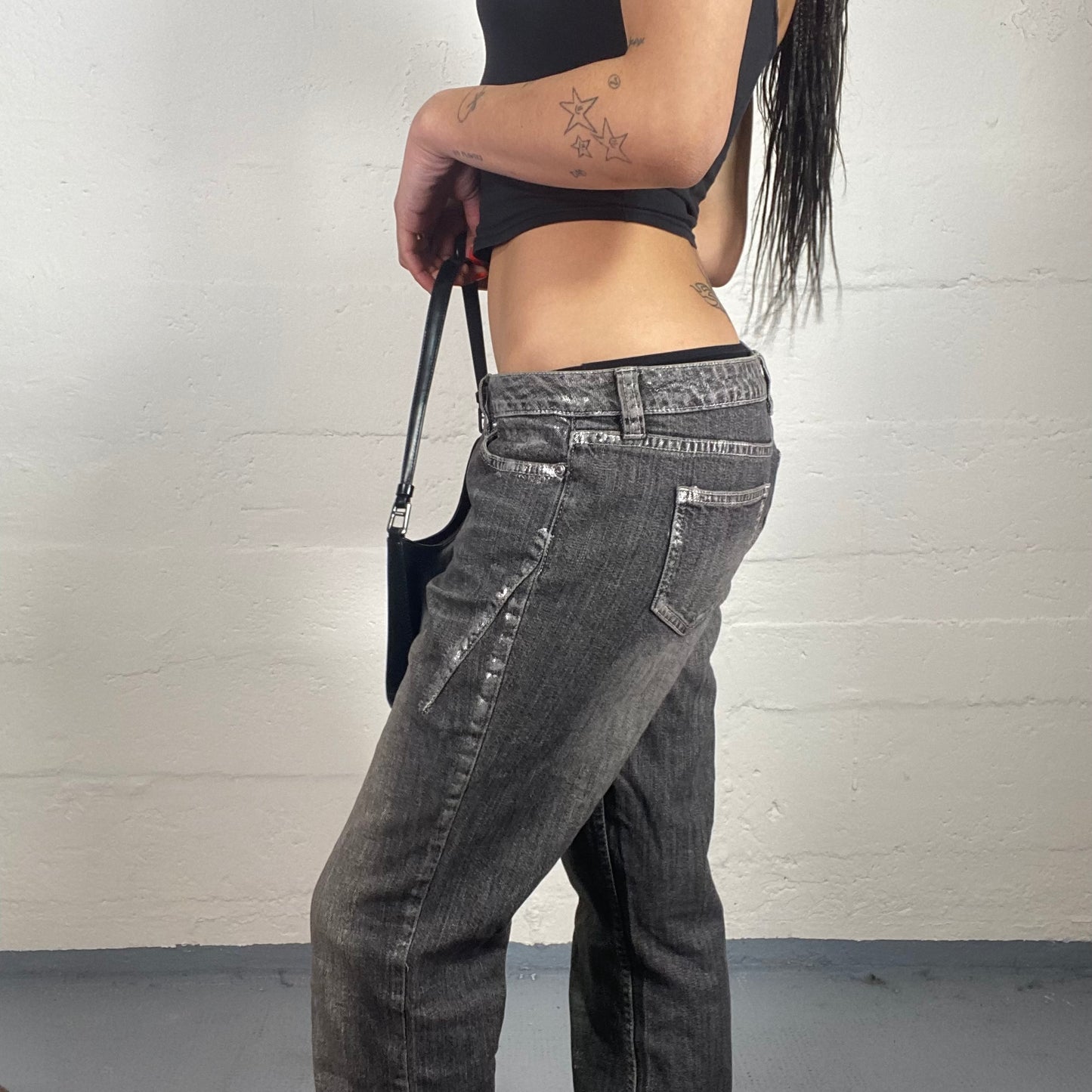 Vintage 90's Streetwear Archive Grey Denim Bootcut Jeans with Silver Shiny Pained Accents (S/M)