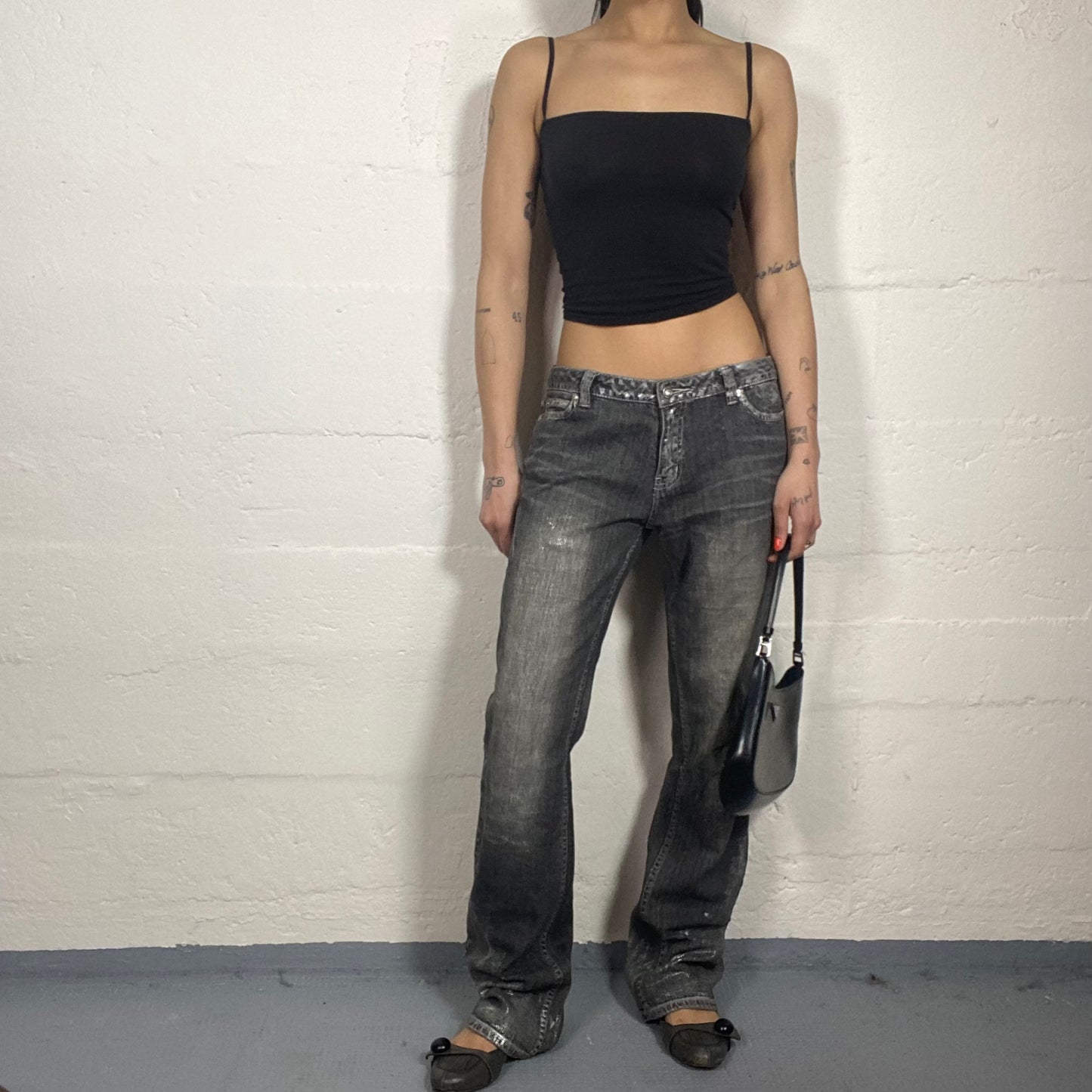 Vintage 90's Streetwear Archive Grey Denim Bootcut Jeans with Silver Shiny Pained Accents (S/M)