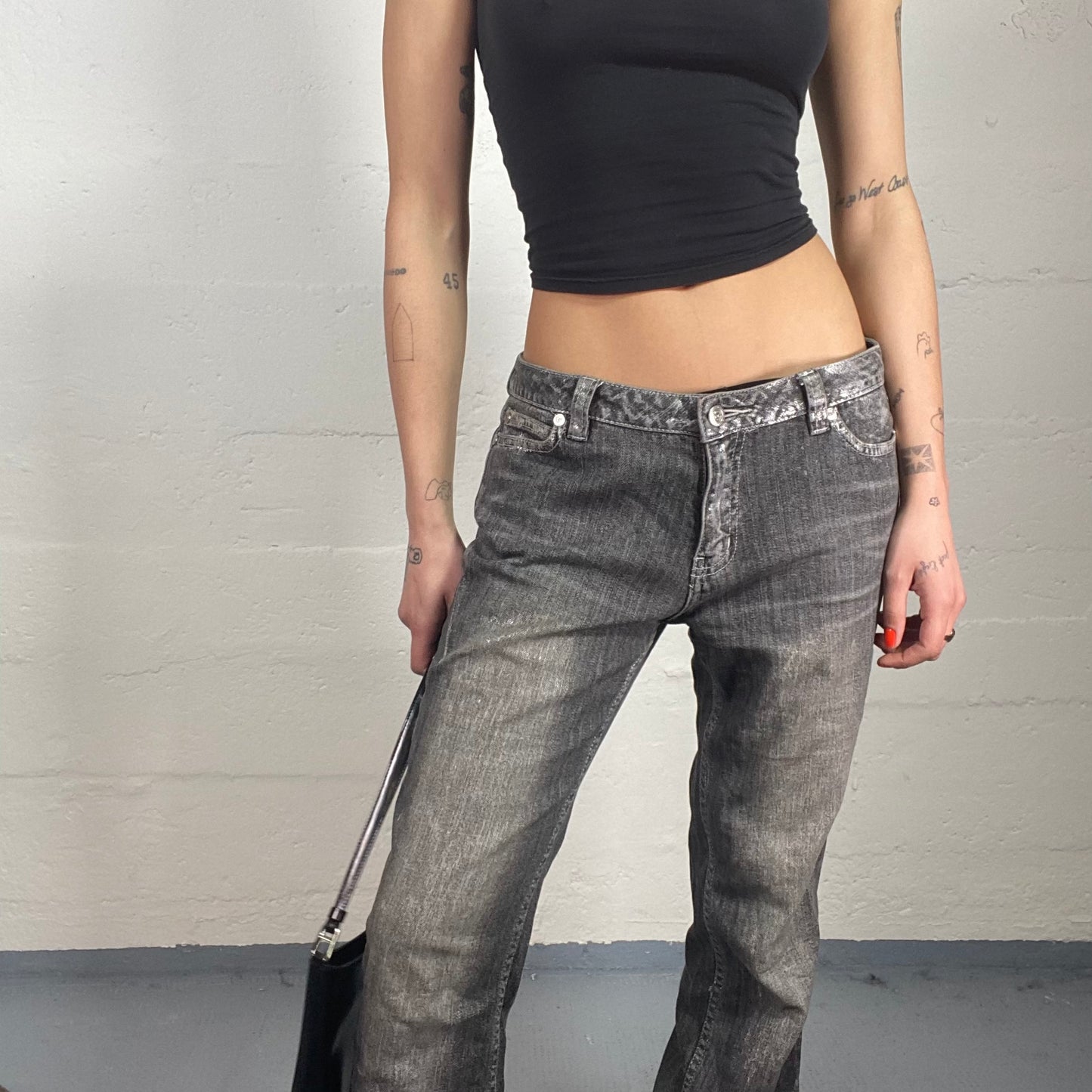 Vintage 90's Streetwear Archive Grey Denim Bootcut Jeans with Silver Shiny Pained Accents (S/M)