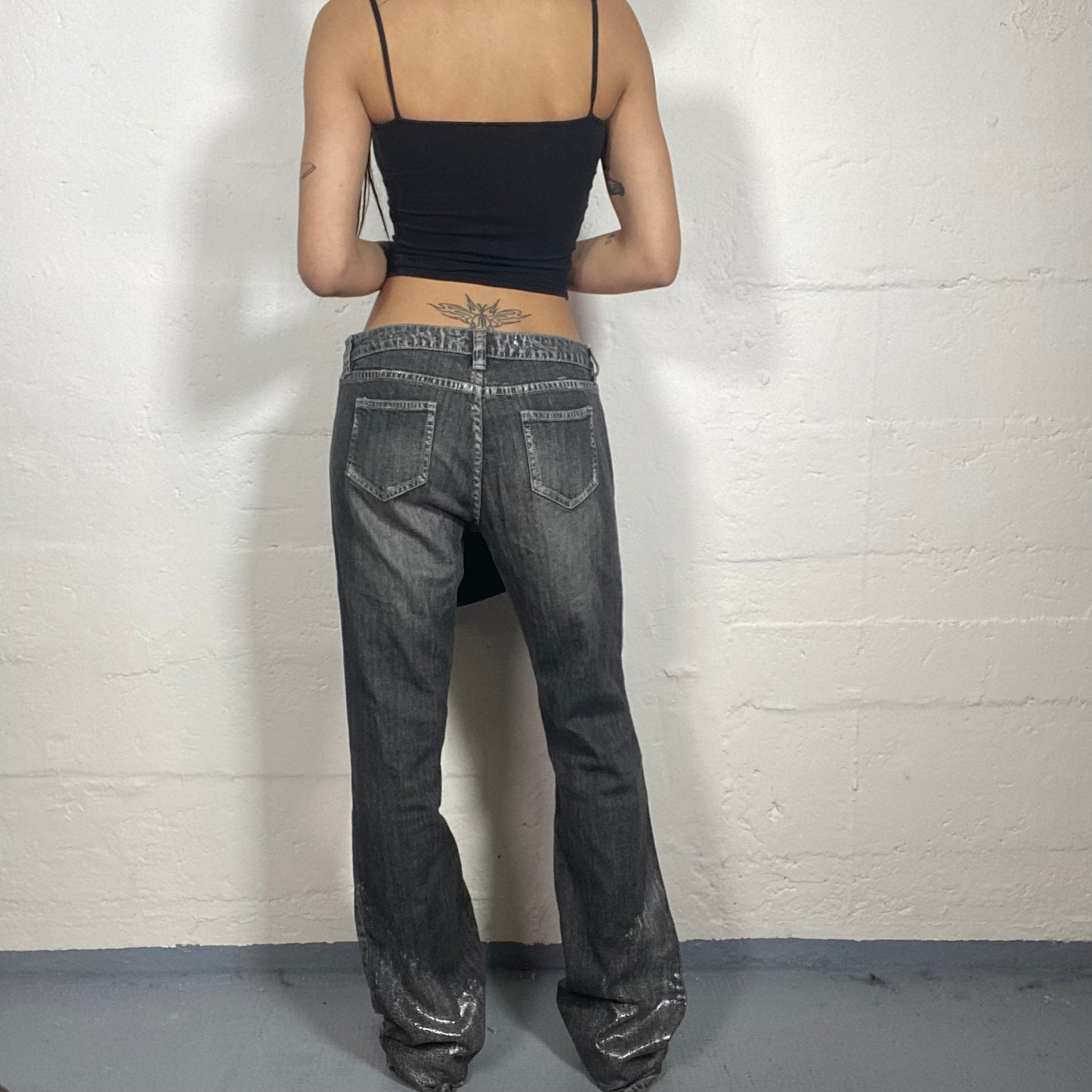 Vintage 90's Streetwear Archive Grey Denim Bootcut Jeans with Silver Shiny Pained Accents (S/M)