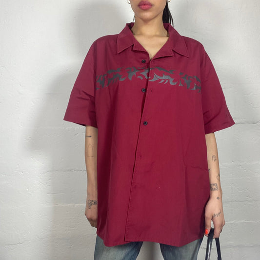 Vintage 90's Skater Girl Oversized Button Up Short-Sleeved Red Shirt with Black Glossy Print Detail (XL)