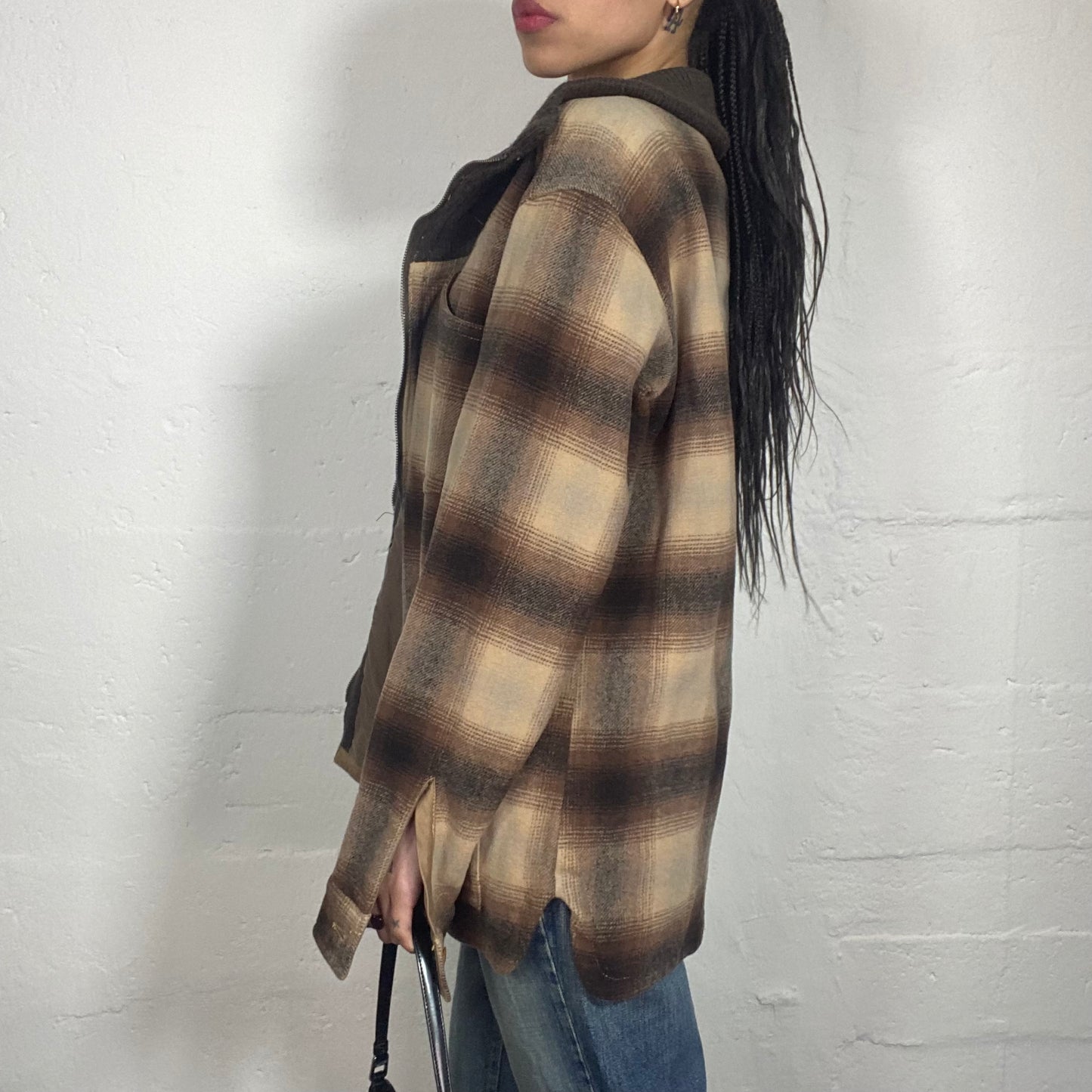 Vintage 90's Casual Brown and Beige Zip Up Jacket with Checkered Print (M)