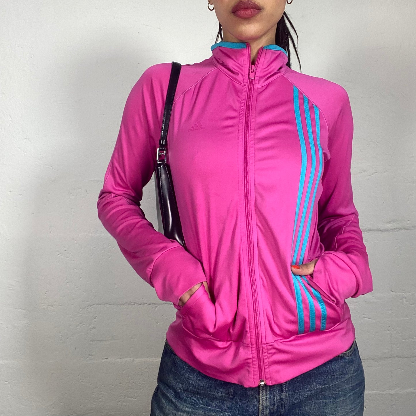 Vintage 90's Sporty Neon Pink Zip Up Pullover with Blue Stripes (S)