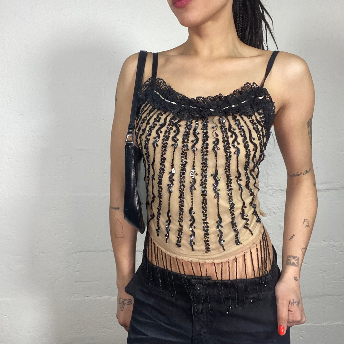 Vintage 90's Coquette Night Out Beige Cami Top with Black Glitter and Lace Embroidery (XS/S)