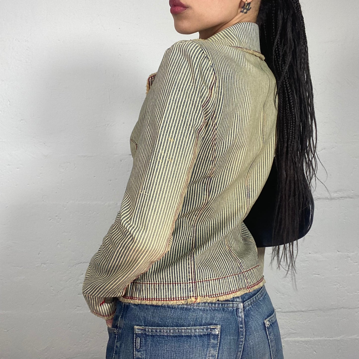 Vintage 90's Casual Office Girl Beige Wash Out Denim Stripe Printed Blazer (S)