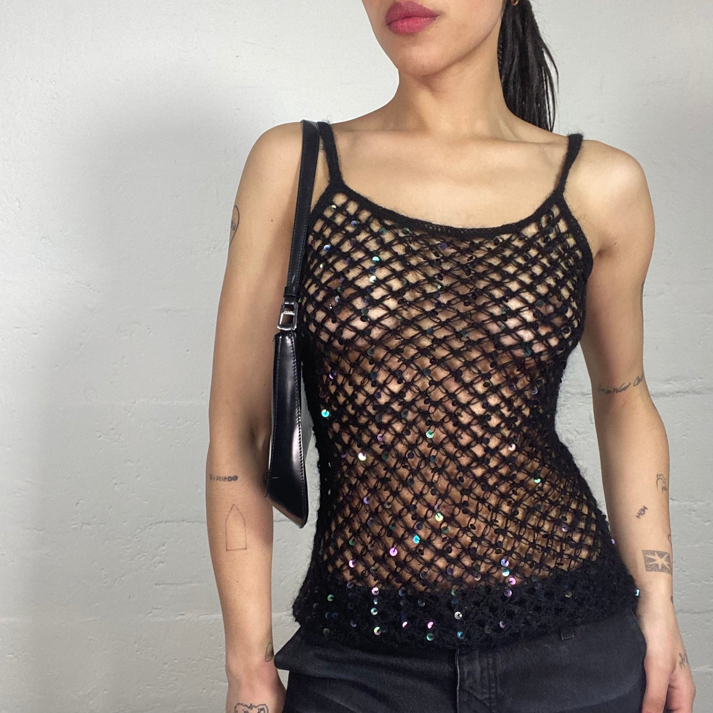 Vintage 90's Clubwear Crochet Black Cami Top with Colourful Sequins (S/M)