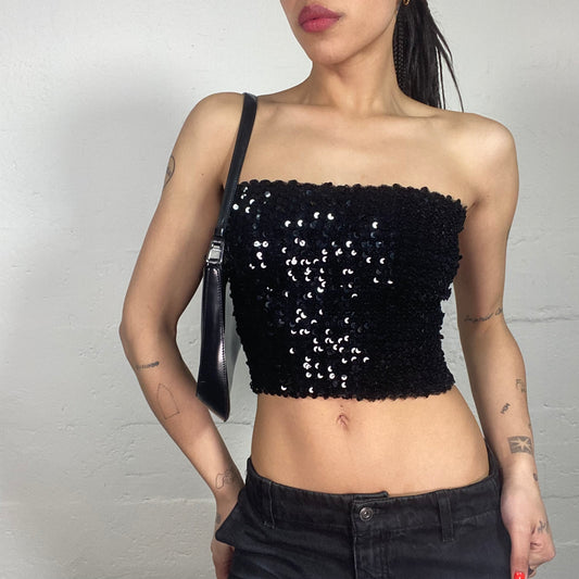 Vintage 90's Clubwear Black Shiny Sequin Cropped Tube Top (S)