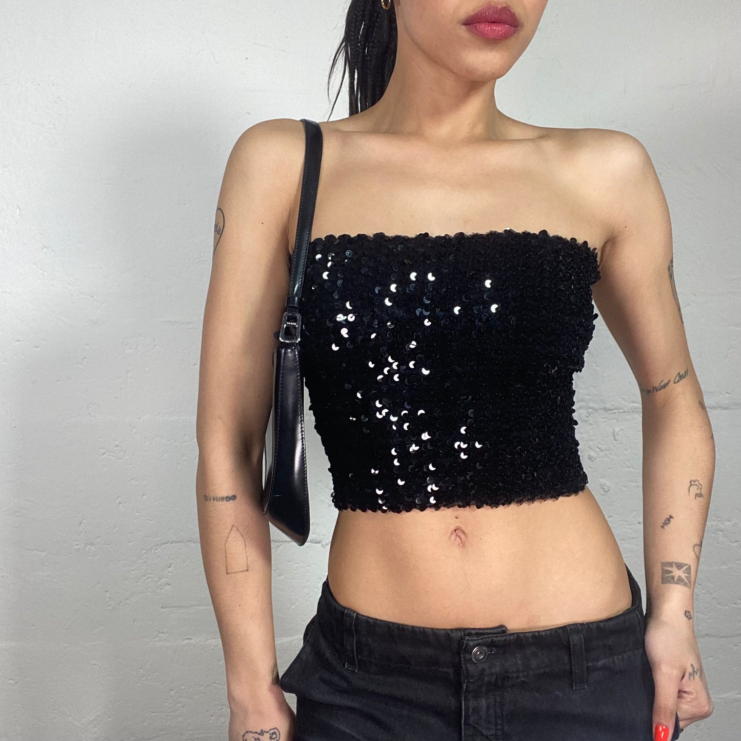 Vintage 90's Clubwear Black Shiny Sequin Cropped Tube Top (S)