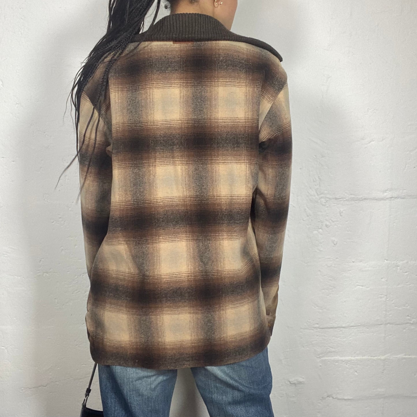 Vintage 90's Casual Brown and Beige Zip Up Jacket with Checkered Print (M)