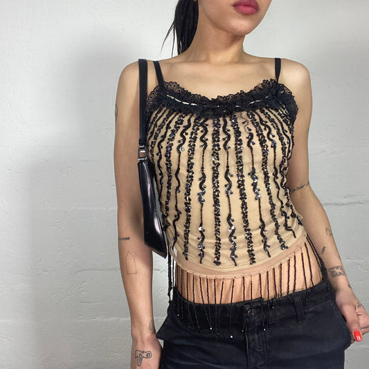 Vintage 90's Coquette Night Out Beige Cami Top with Black Glitter and Lace Embroidery (XS/S)