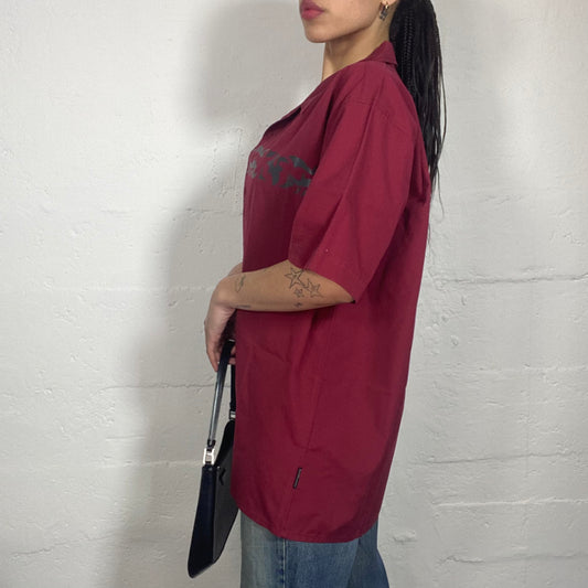 Vintage 90's Skater Girl Oversized Button Up Short-Sleeved Red Shirt with Black Glossy Print Detail (XL)