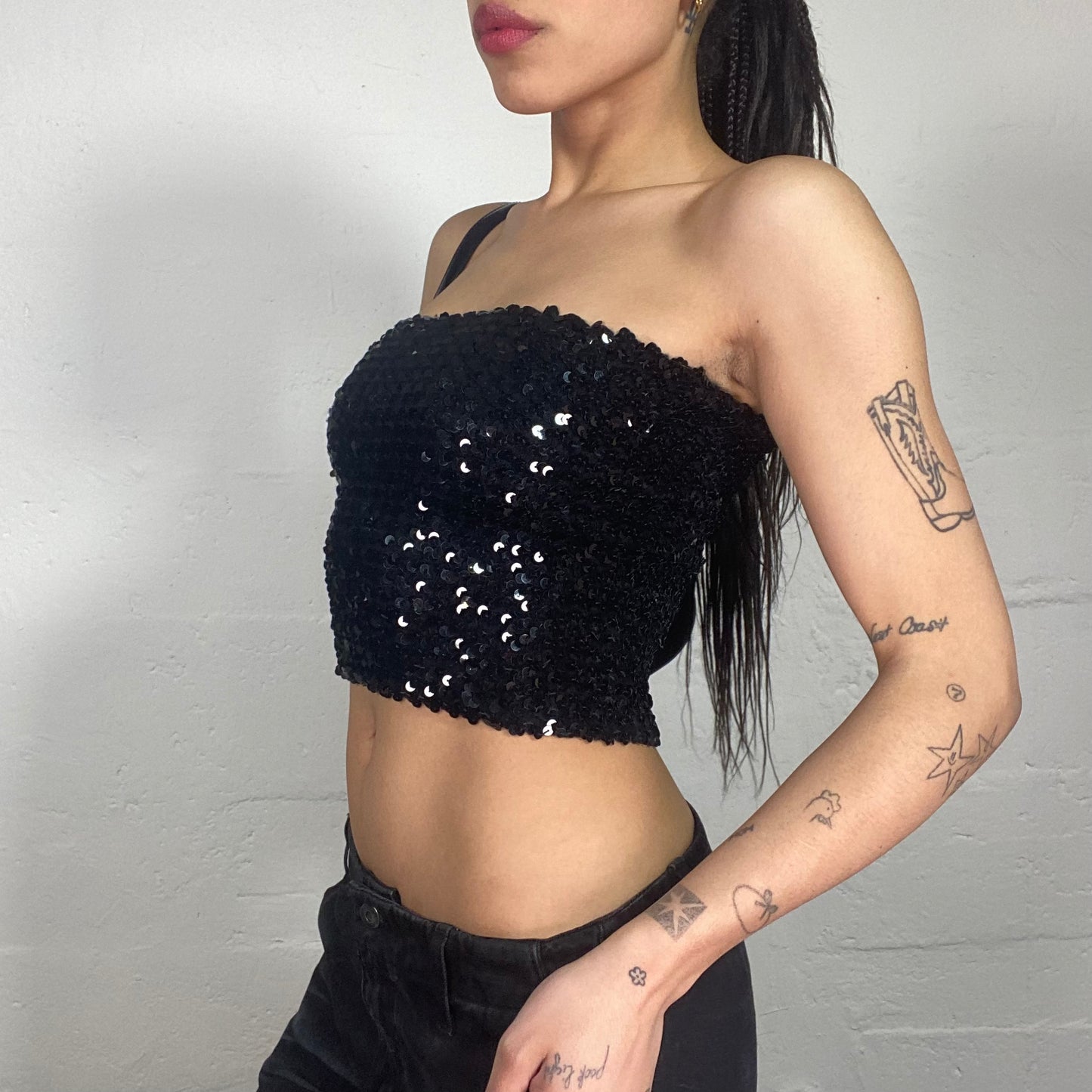 Vintage 90's Clubwear Black Shiny Sequin Cropped Tube Top (S)