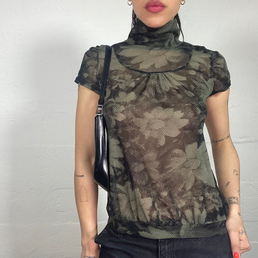 Vintage 90's Archive Khaki Green High Neck Top with Popart Flower Print (M)
