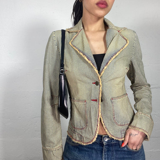 Vintage 90's Casual Office Girl Beige Wash Out Denim Stripe Printed Blazer (S)