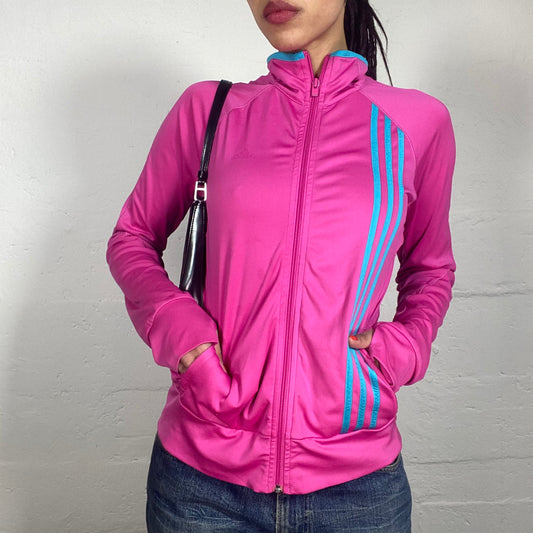 Vintage 90's Sporty Neon Pink Zip Up Pullover with Blue Stripes (S)