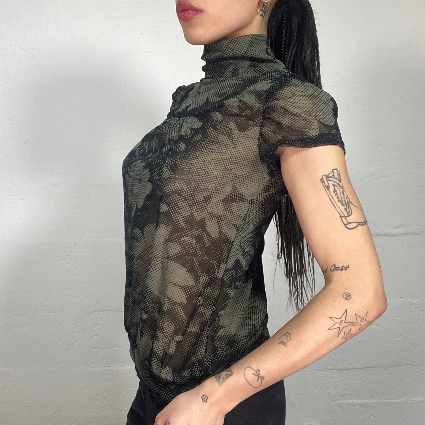 Vintage 90's Archive Khaki Green High Neck Top with Popart Flower Print (M)
