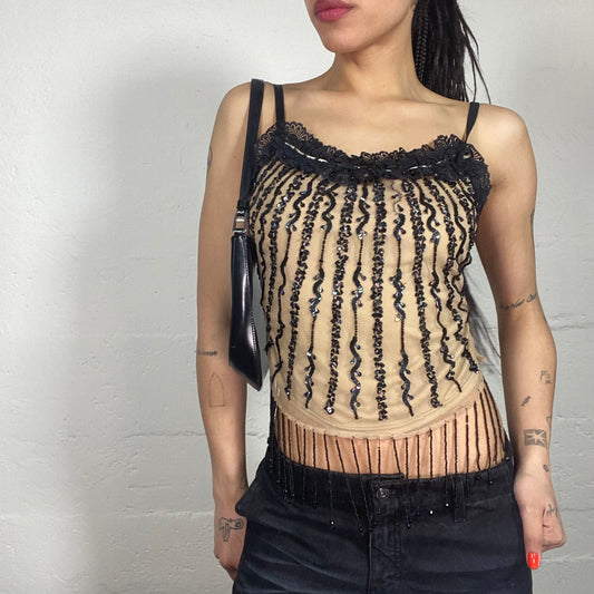 Vintage 90's Coquette Night Out Beige Cami Top with Black Glitter and Lace Embroidery (XS/S)