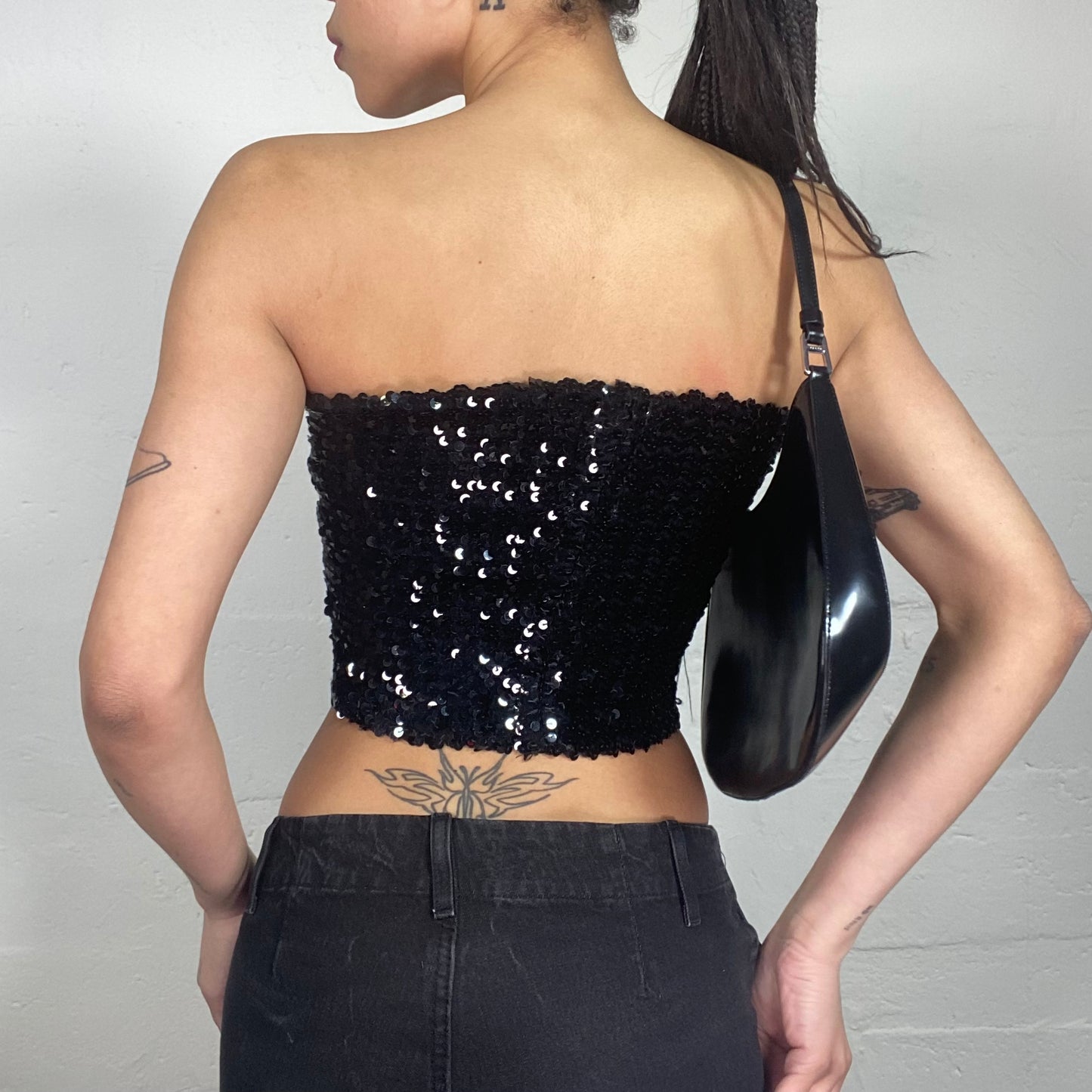 Vintage 90's Clubwear Black Shiny Sequin Cropped Tube Top (S)