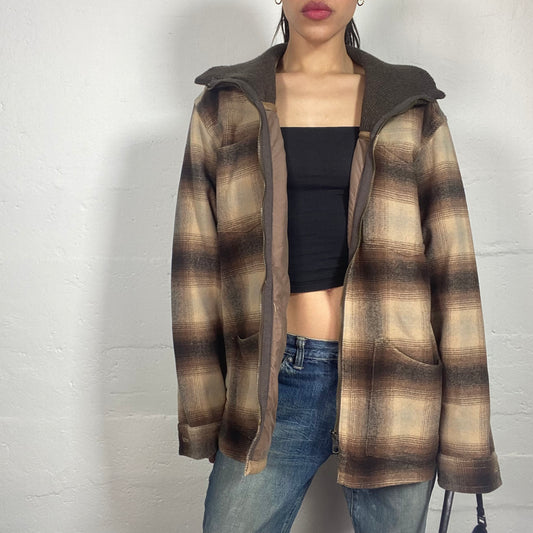 Vintage 90's Casual Brown and Beige Zip Up Jacket with Checkered Print (M)