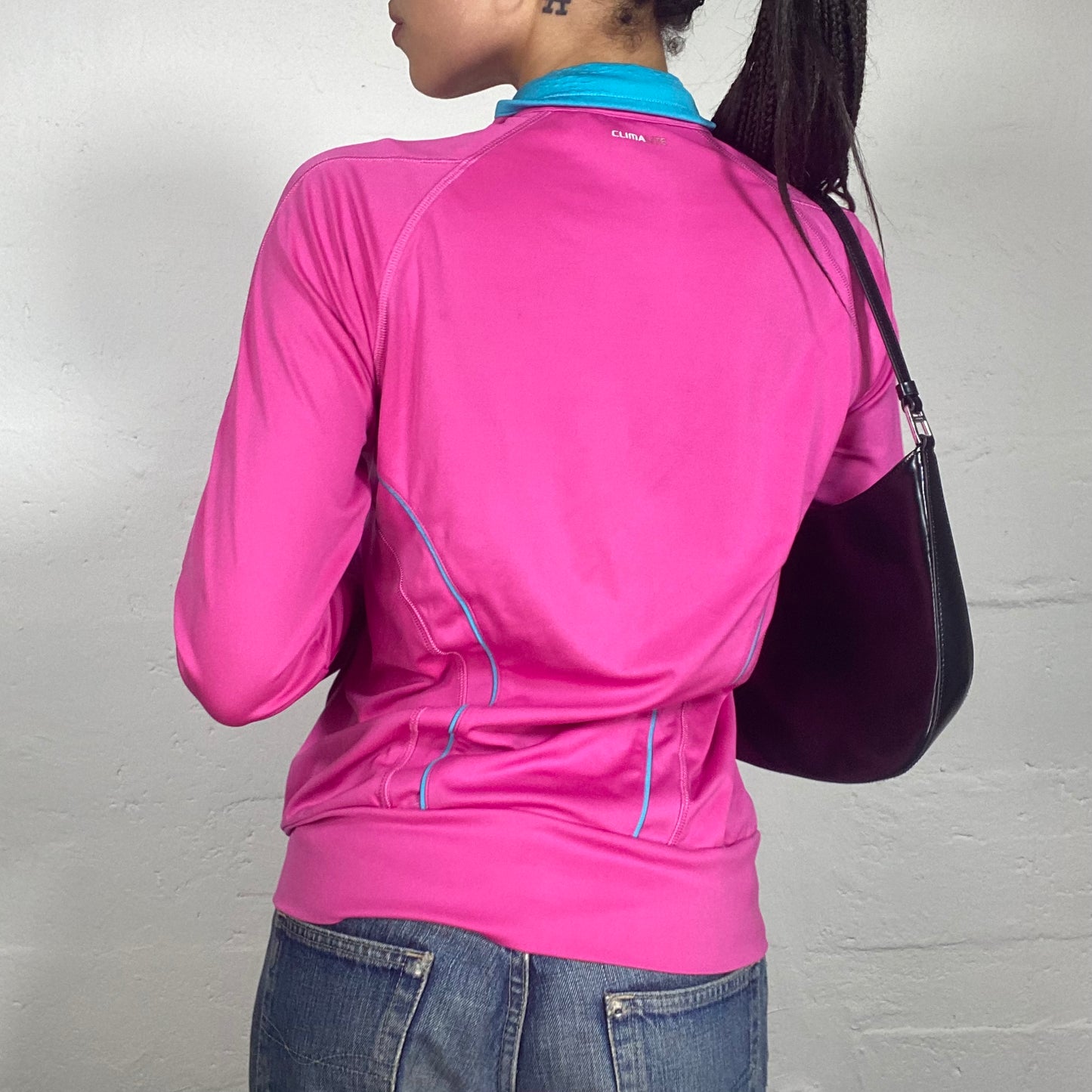 Vintage 90's Sporty Neon Pink Zip Up Pullover with Blue Stripes (S)