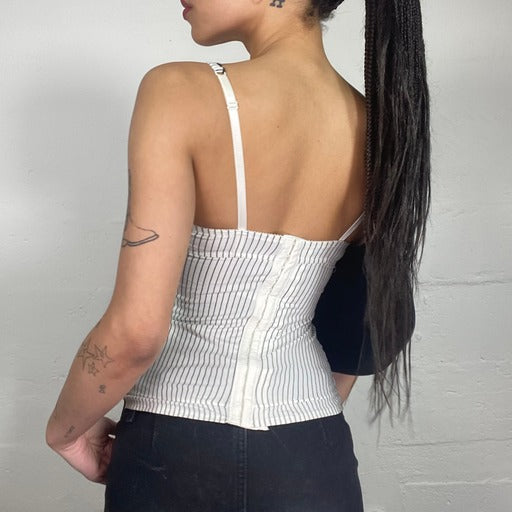 Vintage 90's Soft Girl White Pinstripe Corset Top with Black Lace (25B)