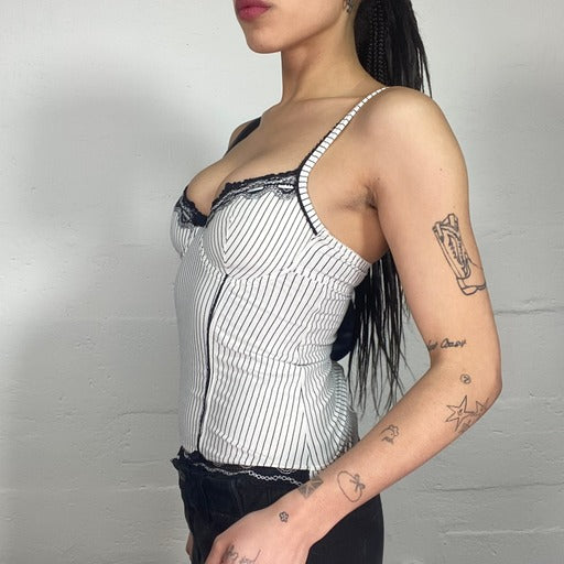 Vintage 90's Soft Girl White Pinstripe Corset Top with Black Lace (25B)