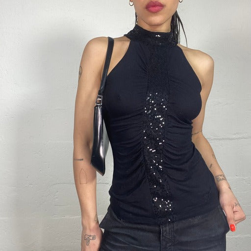 Vintage 90's Clubwear Black Turtleneck Top with Sequins Embroidery and Light Drapes (M)