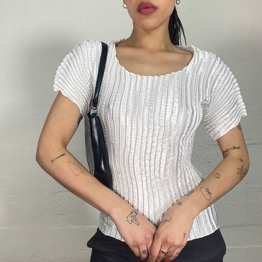 Vintage 90's Archive Puffy Cut Silky White Pleated Shortsleeved Top (S)