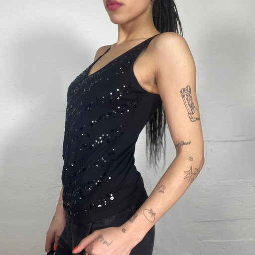 Vintage 90's Clubwear Black Asymmetric Shoulder Details Shiny Tank Top with Matching Colour Sequins (M)