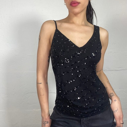 Vintage 90's Clubwear Black Asymmetric Shoulder Details Shiny Tank Top with Matching Colour Sequins (M)