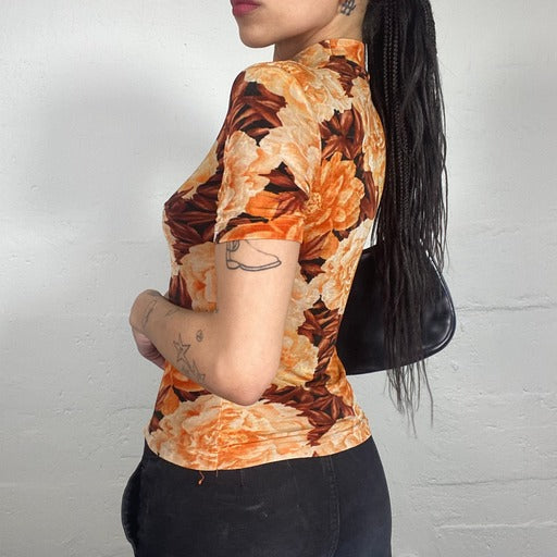 Vintage 90's Morgan Romantic Orange and Brown High Neck Floral Print Top (S)