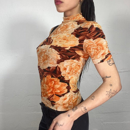 Vintage 90's Morgan Romantic Orange and Brown High Neck Floral Print Top (S)