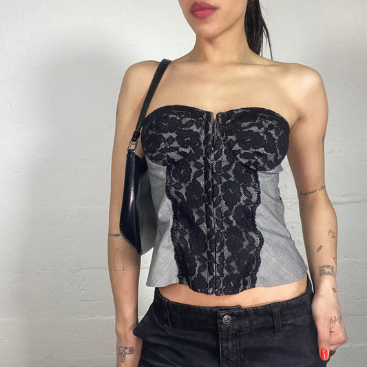 Vintage 90's Coquette Classy Grey Lightly Printed Corset Top with Black Lace Front Embroidery (M)