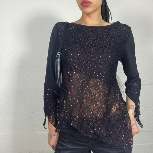 Vintage 90's Night Out Black Asymmetric Longsleeved Top with Lace Front and Red Glittery Dots (3)