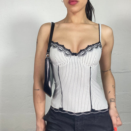 Vintage 90's Soft Girl White Pinstripe Corset Top with Black Lace (25B)