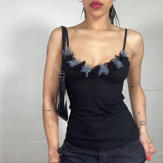 Vintage 90's Romantic Black Cami Top with Black and Grey Mesh Flower Details (S/M)