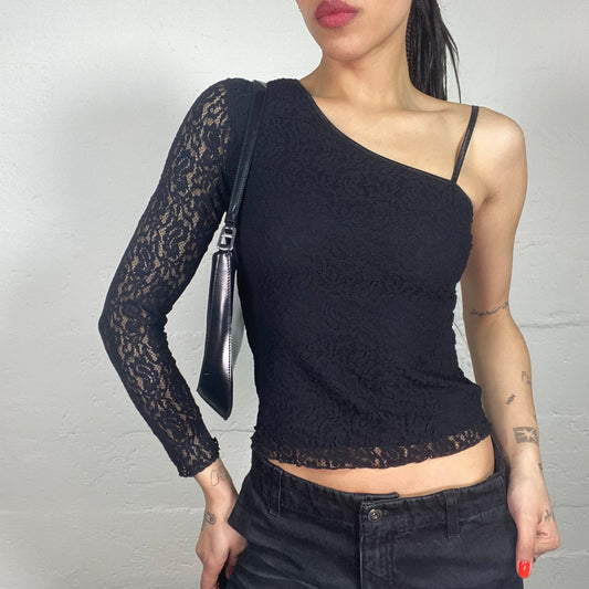 Vintage 90's Clubwear Black Lace One Shoulder Top (S)