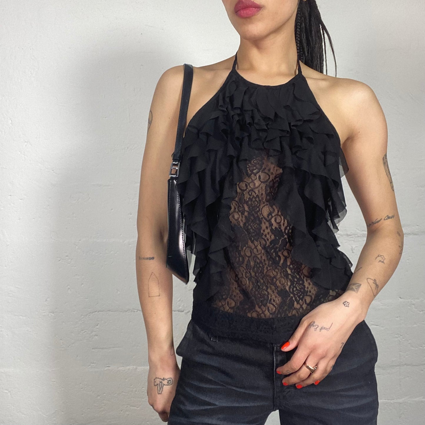 Vintage 90's Morgan Vampy Gothic Lace Black Top with Open Back and Draped Ruffled Front (S)