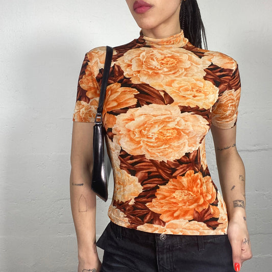 Vintage 90's Morgan Romantic Orange and Brown High Neck Floral Print Top (S)