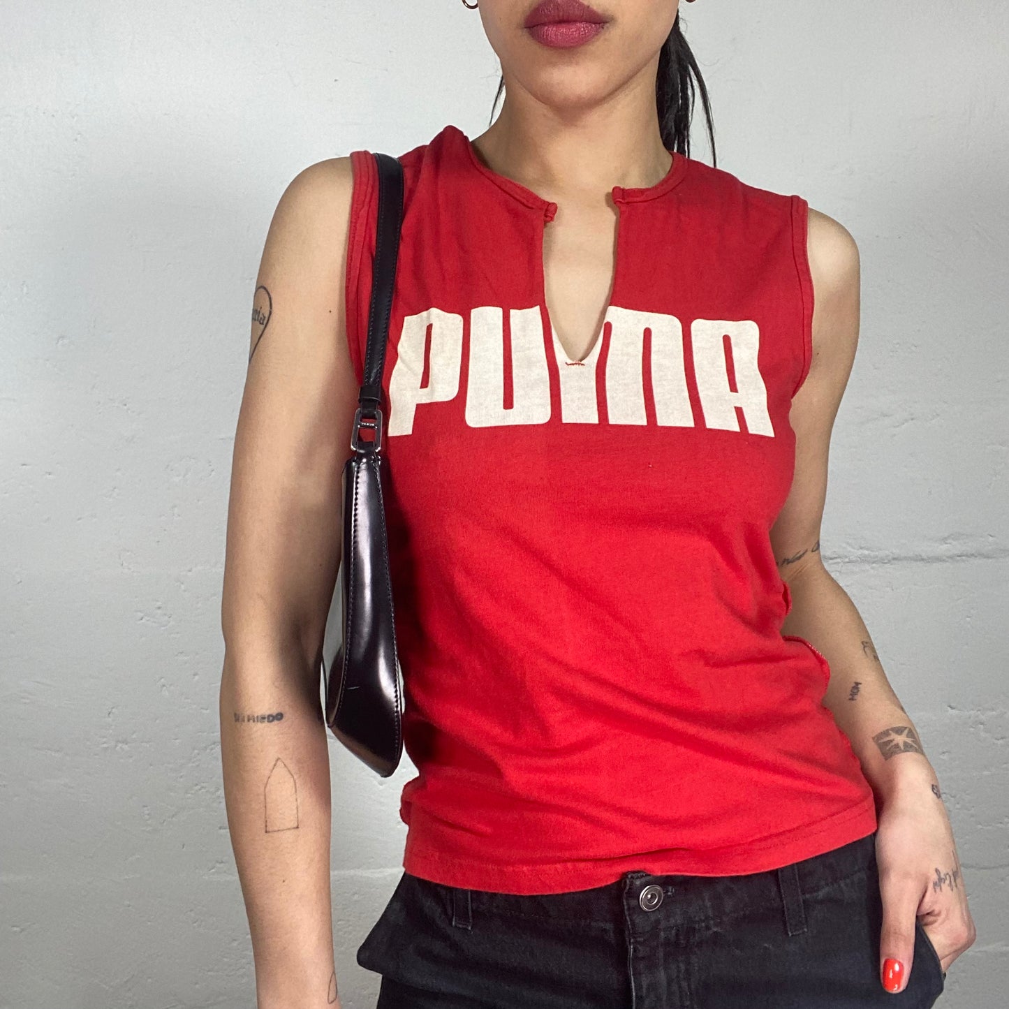 Vintage 90's Puma Sporty Red Tank Top with Creme White Logo Print (M)