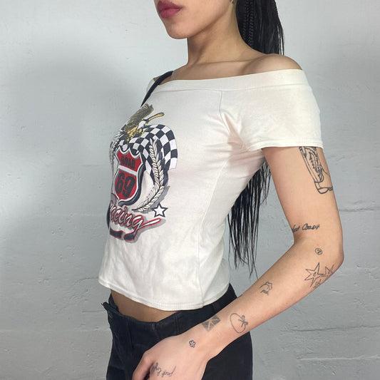 Vintage 2000's Sporty Printed Beige Off Shoulder Tee with "Road 69 Racing ) Print (XS/S)
