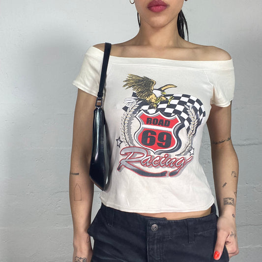 Vintage 2000's Sporty Printed Beige Off Shoulder Tee with "Road 69 Racing ) Print (XS/S)