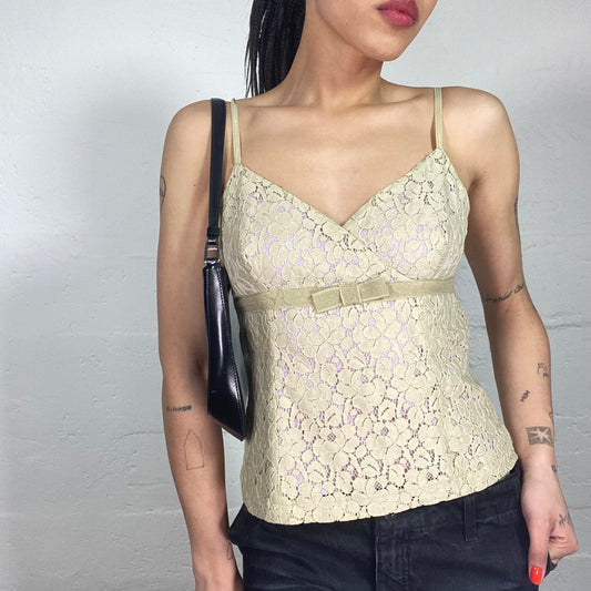 Vintage 90's Coquette Light Beige Lace Covered Cami Top with Ribbon Detail (S/M)