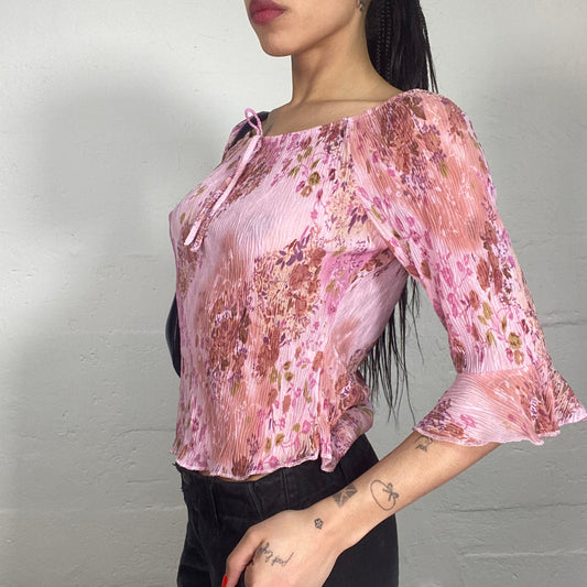 Vintage 90's Fairy Girl Pink Printed Pleated Shiffon Top with Sleeve Ruffles and Middle Ribbon Detail (L)