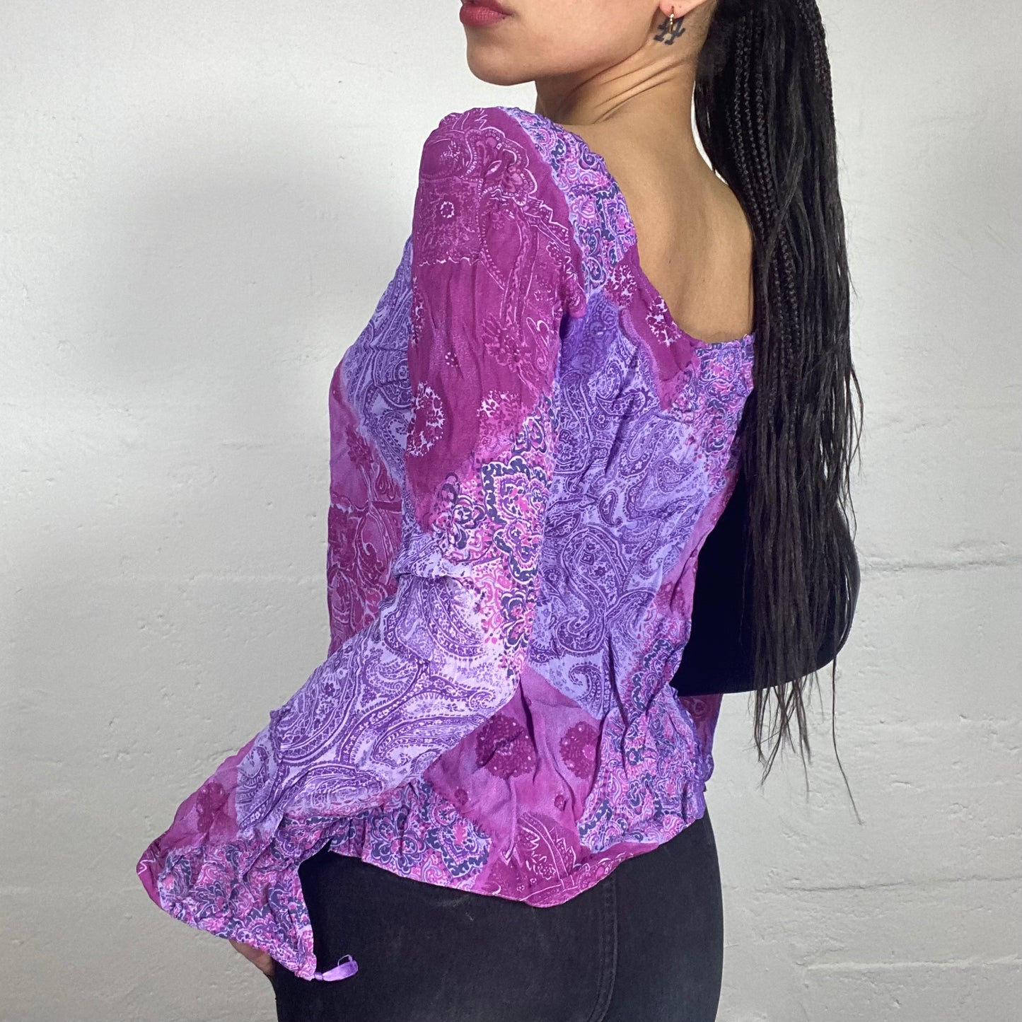 Vintage 90's Indie Romantic Purple Printed Longsleeve Shirt with Mandala Print and Ribbon Detail (M)