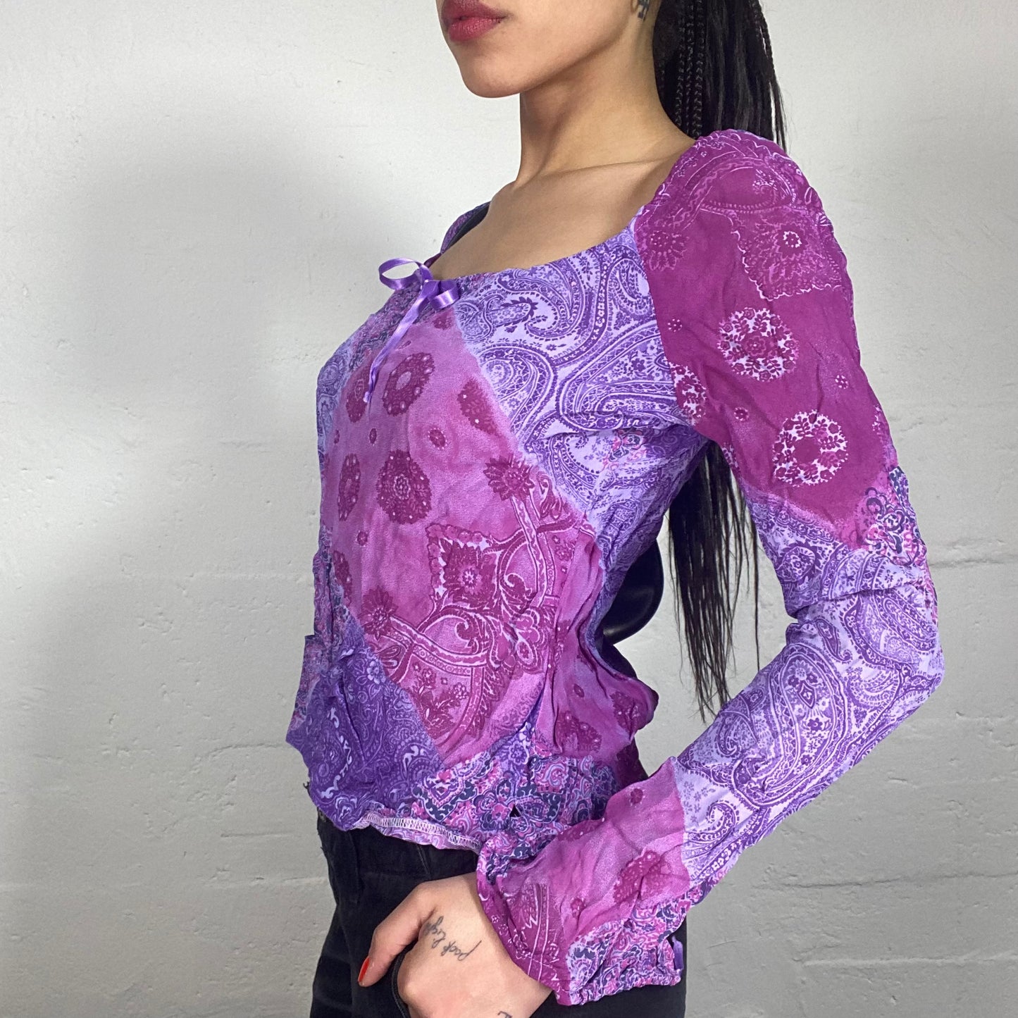 Vintage 90's Indie Romantic Purple Printed Longsleeve Shirt with Mandala Print and Ribbon Detail (M)